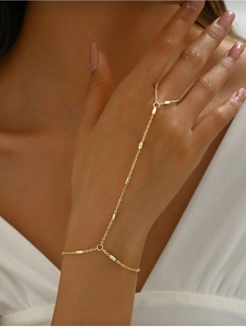 Gold Tone Hand Chain Bracelet Ring Adjustable Link Boho Statement Jewelry